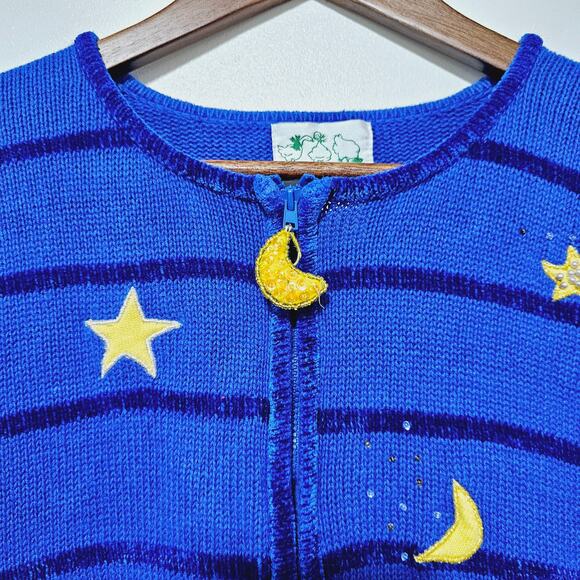VTG Quacker Factory Christmas Sweater Cardigan Full Zip Blue Angels Stars Moon L - Picture 5 of 8